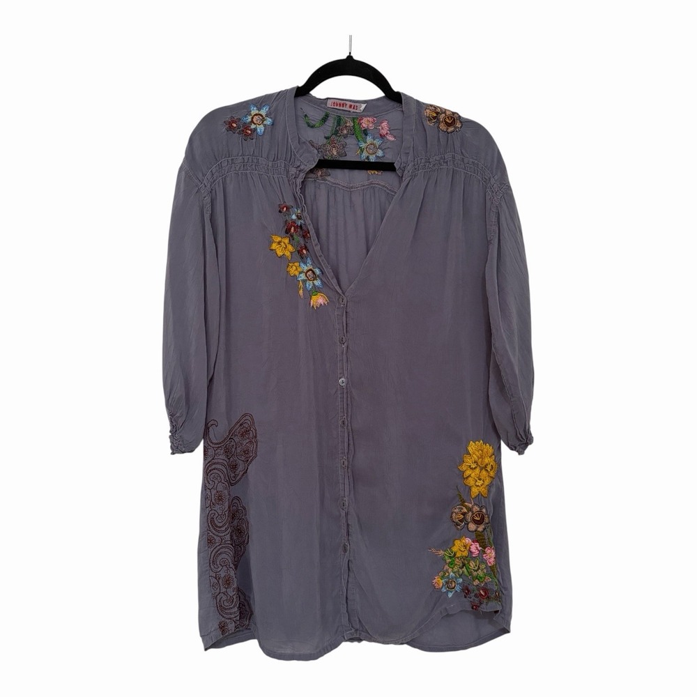 Johnny Was Gray Embroidered Women's Top Small Bohemian Peasant Festival Rayon
